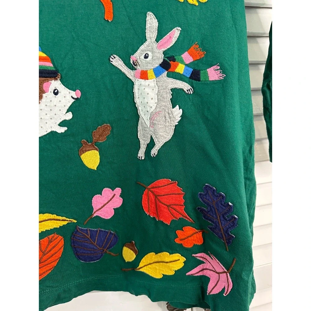 Mini Boden Size 7-8 Green Fall Autumn Forest Animals Applique Long Sleeve Dress